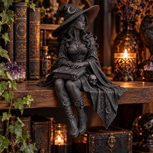 May include: A dark grey figurine of a witch wearing a wide-brimmed hat, a corset-style top, and buckled boots. The figure sits with a book featuring a crescent moon symbol on the cover, a small skull charm hanging from the cloak, and a necklace.