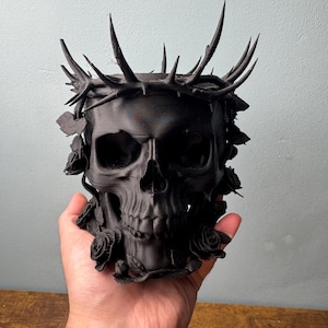 May include: A matte black skull planter adorned with a crown of sharp thorns and sculpted roses around the base. The skull features deep eye sockets and a detailed jawline, with the floral and thorn elements integrated into the exterior surface.