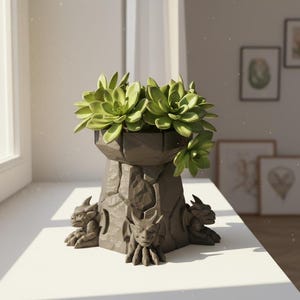Puede incluir: Una maceta de color gris oscuro, con textura de piedra y diseño geométrico, con tres figuras de gárgolas en la base. La maceta contiene varias suculentas verdes. La maceta está sobre una superficie blanca cerca de una ventana.