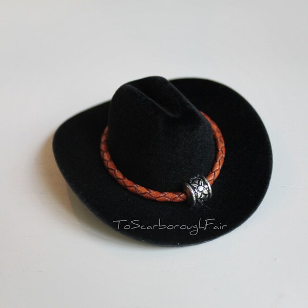 Black Cowboy Cat Hat with Genuine Leather Cord - Mini Cowboy Hat - Fathers' Day Cowboy Hat - Buckaroo Style- Guinea Pig - Ferret - Hamster