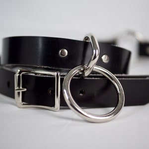 Puede incluir: Un collar de cuero negro con un anillo y una hebilla de metal plateado. El collar está diseñado con una estética simple y elegante. La hebilla es cuadrada y el anillo es grande y circular.