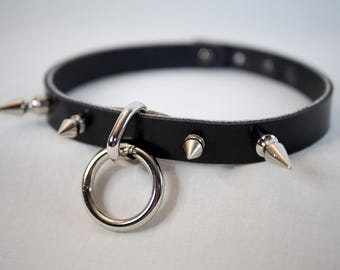 The Sydney Choker, Spiked Black Collar with Loop and Ring
