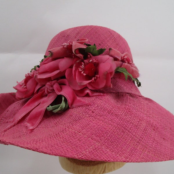 Upcycled Hat Pink light weight straw Derby, Church hat size Approx.22 inches inside crown 4-inch brim