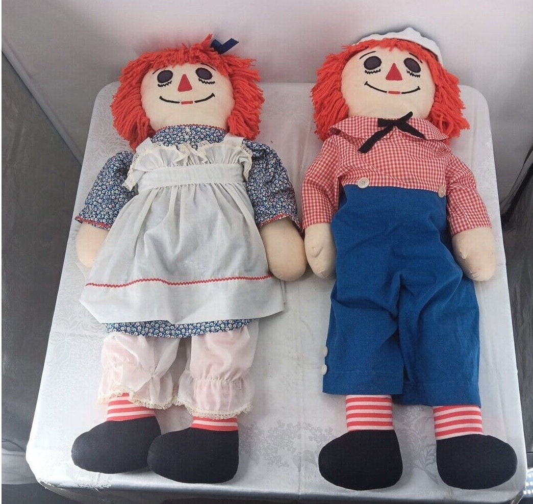 Raggedy Ann and Andy Pair Vintage Dolls 3ft Tall Granny Core