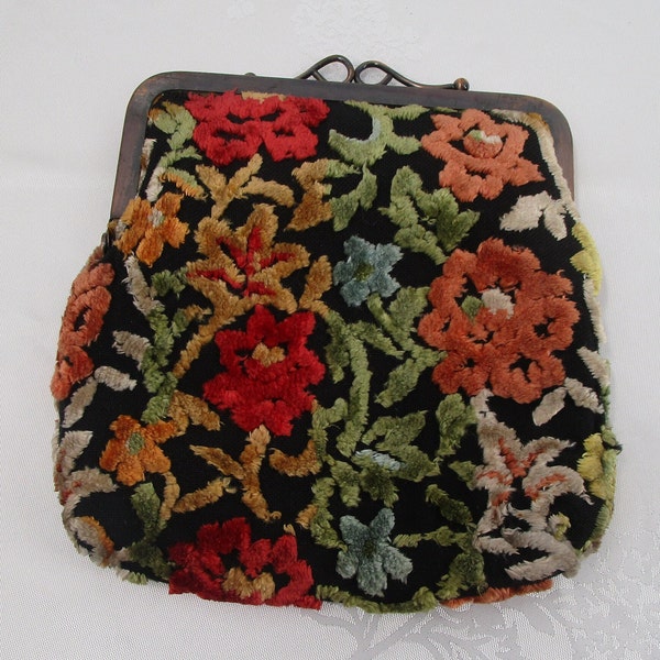 Vintage Chenille Floral Tapestry Carpet Clutch Handheld Makeup Bag Purse 7 1/2 x 7 1/2 inches