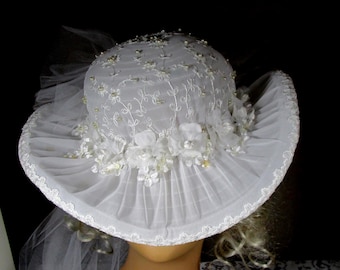 Bridal Hat White pearls 3"brim 3" crown 48"veil/train