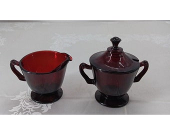 Vintage Anchor Hocking Royal Ruby Red Glass Footed Sugar and Creamer Set