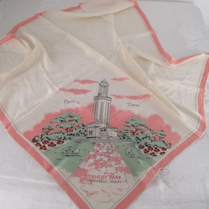 VINTAGE 1950s Stanley Park Carillon Tower Westerfield MA UNUSED Silk Scarf 29.5&quot;x29.5&quot;