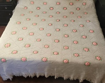 Bedspread Crocheted Roses with fringe shabby chic Beautiful 92"x 101" Granny core cottage core