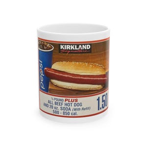 Ceramic Mug, Kirkland Costco Hot Dog Mug. Funny Food Lover Gift, Novelty Coffee Cup, Gift for Hot Dog Enthusiast