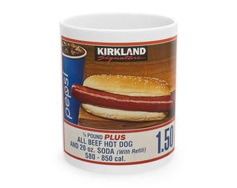 Ceramic Mug, Kirkland Costco Hot Dog Mug. Funny Food Lover Gift, Novelty Coffee Cup, Gift for Hot Dog Enthusiast