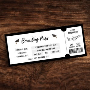 Modèle de carte d'embarquement modifiable, billet d'avion imprimable, cadeau de remise des diplômes de voyage personnalisé, téléchargement numérique