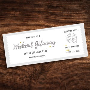 Modelo de cupom de viagem de fim de semana editável, voucher de estadia em hotel surpresa personalizado, PDF de ingresso para viagem de fim de semana para impressão