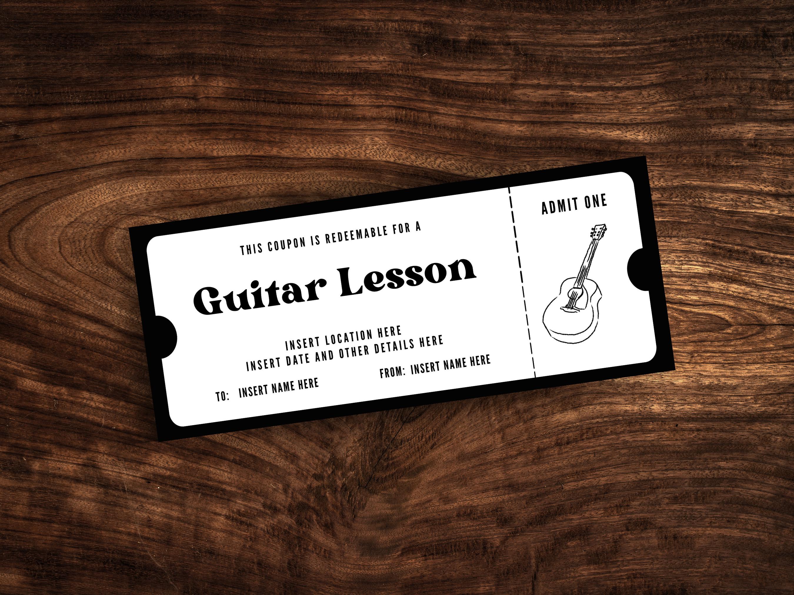 Editable Guitar Lesson Coupon, Custom Guitar Class Ticket Template