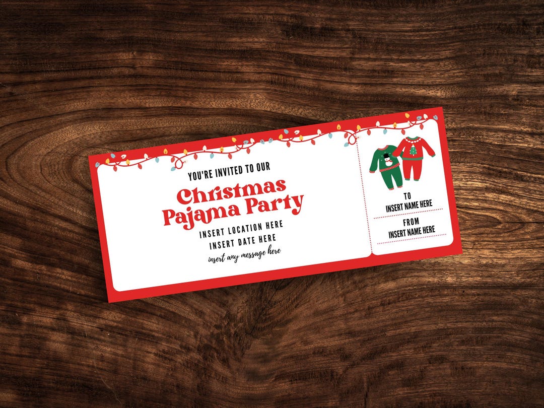 Editable Christmas Pajama Party Ticket Template, Custom Christmas PJ ...