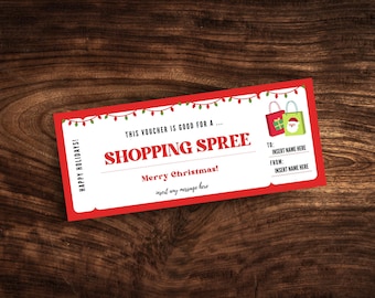 May include: Red and white gift certificate with a Christmas theme. The text reads "Happy Holidays! This voucher is good for a... Shopping Spree. Merry Christmas! Insert any message here."  There are two gift bags with presents and a Santa Claus face on them.