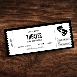 Aangepast sjabloon voor theaterkaartje, afdrukbare coupon voor theaterkaartje, pdf-cadeaubon verrassingstheatercadeau