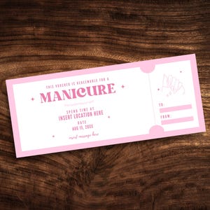 Plantilla de cupón de manicura editable, certificado de regalo de boleto de manicura personalizado, cupón imprimible en PDF para salón de manicura sorpresa