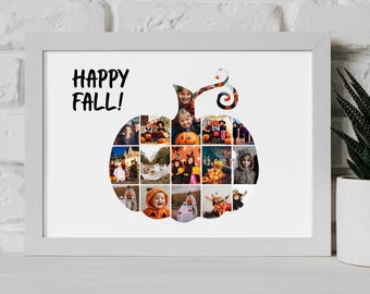 Modèle modifiable de collage photo citrouille, collage photo automne personnalisé imprimable, décoration murale numérique automne PDF