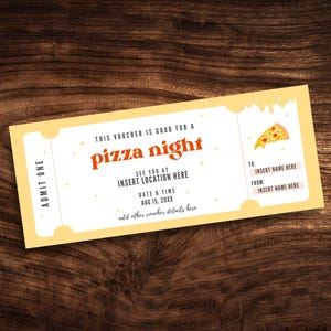 Bearbeitbarer Pizza Night Coupon, Benutzerdefinierte Pizza Date Night Geschenkgutschein, Digitale Pizza Party Ticket Vorlage PDF