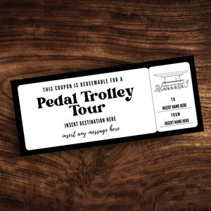 Modèle de billet modifiable pour le tour en trolley à pédales, coupon de carte d'embarquement imprimable pour le tour de fête à vélo, invitation personnalisée au bar pour vélo à pédales PDF