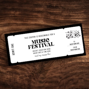 Benutzerdefinierte Musikfestival Ticket-Vorlage, druckbare Outdoor-Konzertkarte, Überraschungsmusikfestival-Geschenkgutschein PDF
