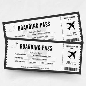 May include: Two black and white boarding passes with the text "Boarding Pass" and "Pack your bags!"  The passes have fields for passenger name, destination, departure date, and time. The passes also have a graphic of an airplane and the text "LAX - NYC".
