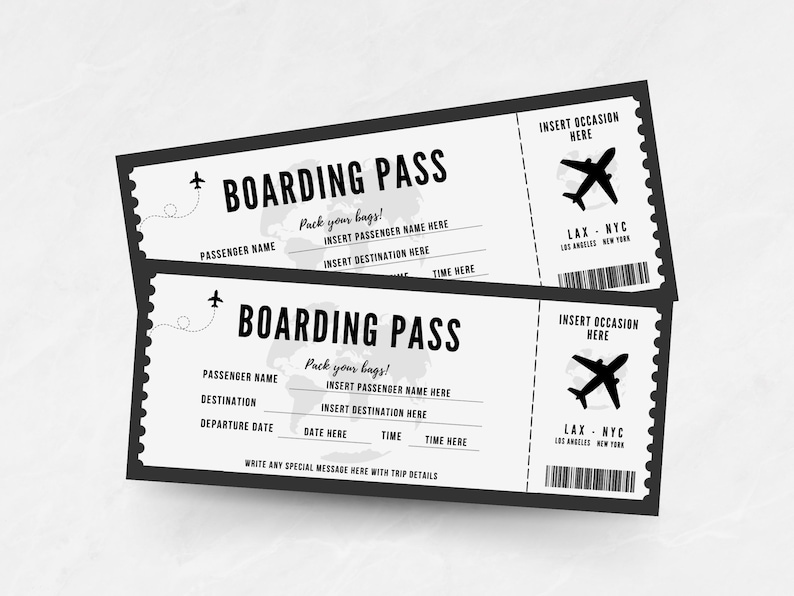 May include: Two black and white boarding passes with the text "Boarding Pass" and "Pack your bags!"  The passes have fields for passenger name, destination, departure date, and time. The passes also have a graphic of an airplane and the text "LAX - NYC".