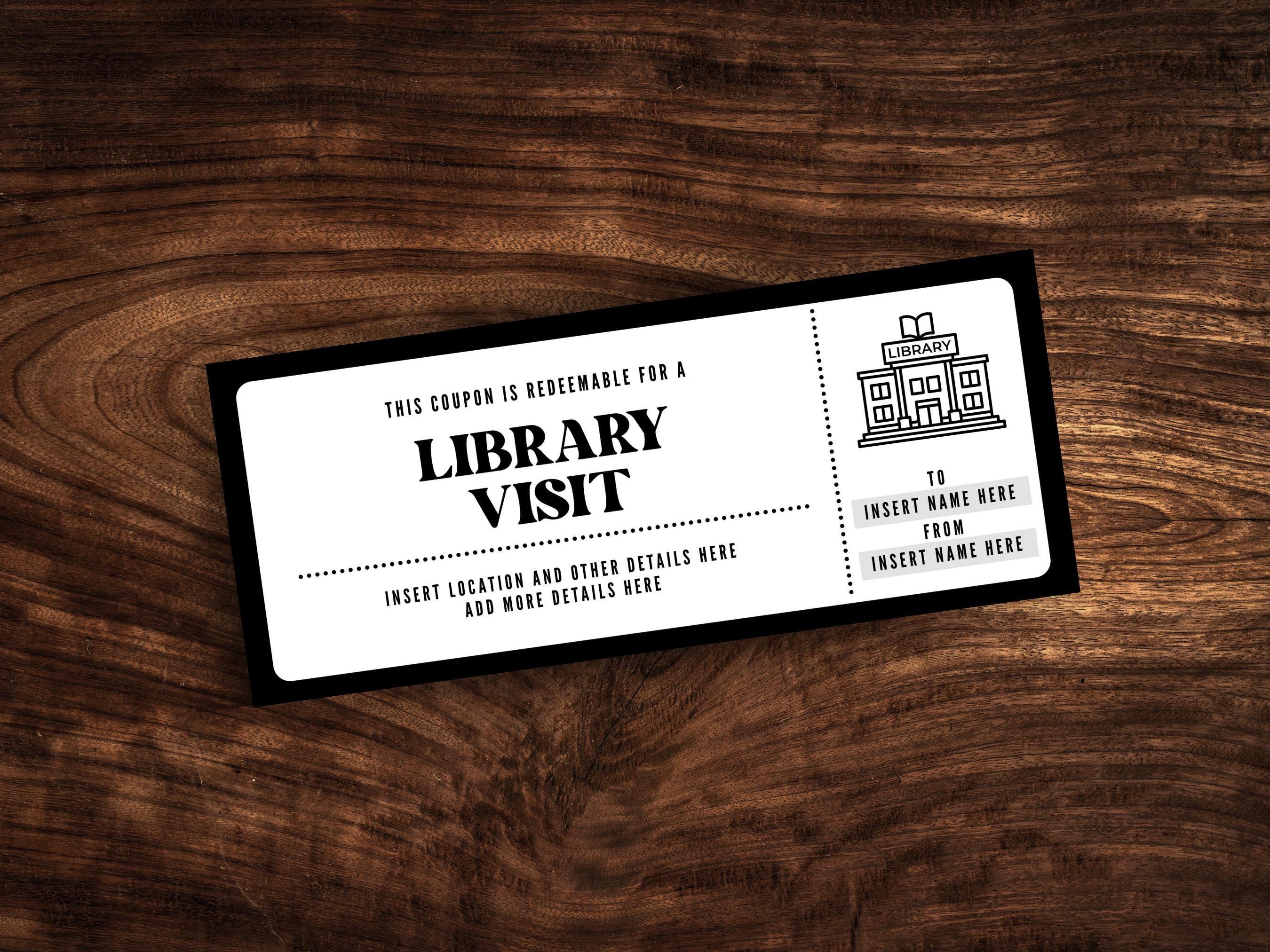 Custom Library Ticket Template, Printable Library Visit Coupon, Editable Surprise Library Gift Certificate PDF