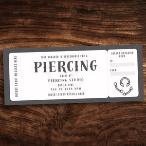 Cadeaubon voor piercingticket, bewerkbare sjabloon voor cadeaubon, afdrukbare pdf met aangepaste piercingcoupon