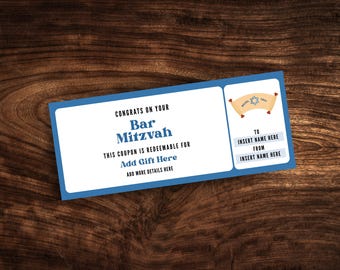 May include: A blue and white Bar Mitzvah coupon with text that reads "Congrats on your Bar Mitzvah." The coupon is redeemable for a gift and has space to add details and names. A Star of David is on the right.