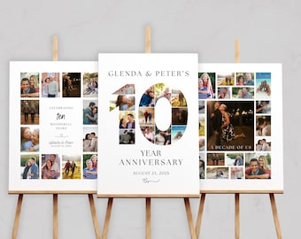 May include: Three white canvas prints on wooden easels. The center print celebrates a 10-year anniversary with photos forming the number 10. The text reads "Glenda & Peter's Year Anniversary, August 23, 202X". The other prints display photos and text.