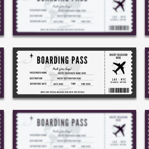 May include: A black and white printable boarding pass template with a world map graphic and the text "Boarding Pass". The template includes fields for passenger name, destination, departure date, date, and time.