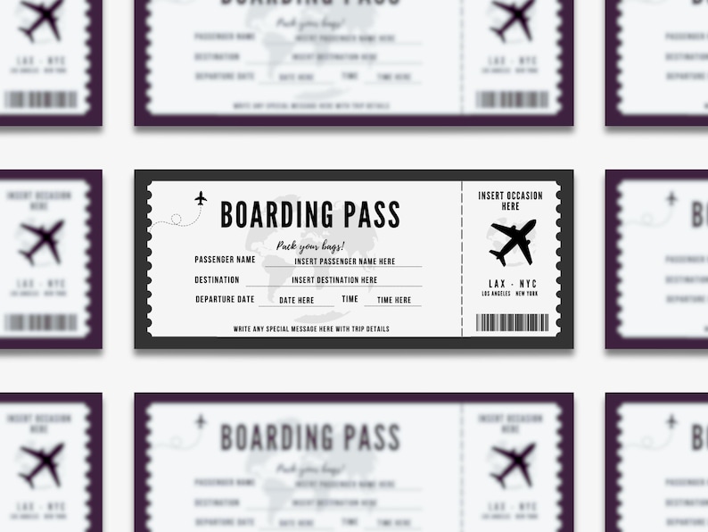 May include: A black and white printable boarding pass template with a world map graphic and the text "Boarding Pass". The template includes fields for passenger name, destination, departure date, date, and time.