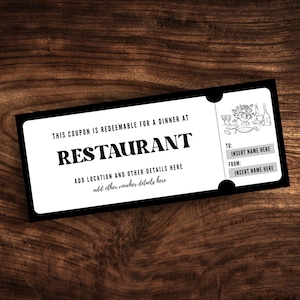 Buono ristorante modificabile, modello di biglietto cena ristorante stampabile, buono regalo ristorante personalizzato in formato PDF