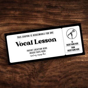 Editable Vocal Lesson Coupon, Custom Singing Class Ticket Template, Printable Vocal Lessons Gift Certificate PDF