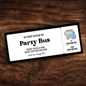 Plantilla de boleto de autobús para fiestas editable, cupón de tarjeta de embarque para autobús para fiestas imprimible, invitación personalizada para autobús para fiestas en formato PDF