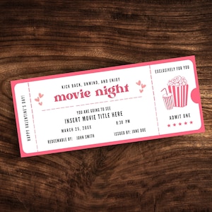 Buono modificabile per serata cinema, buono personalizzato per San Valentino, modello di biglietto digitale per San Valentino in formato PDF