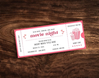Editable Movie Night Coupon, Custom Movie Valentine&#39;s Day Voucher, Digital Valentine&#39;s Day Ticket Template PDF