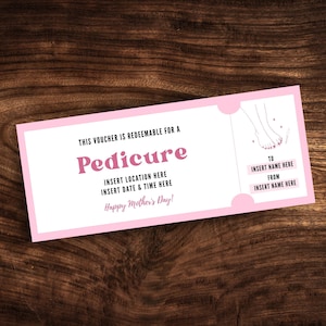 Edytowalny szablon kuponu na pedicure, spersonalizowany bon upominkowy na dzień matki, niespodziewany kupon do salonu paznokci w formacie PDF
