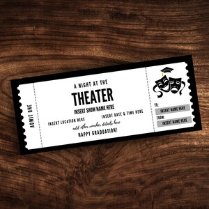 Modèle de billet de théâtre personnalisé, coupon de billet de pièce de théâtre imprimable, chèque-cadeau de remise de diplôme de théâtre surprise PDF