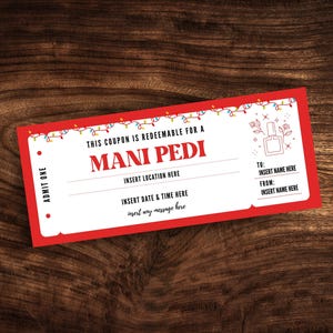 Edytowalny szablon kuponu Mani Pedi, spersonalizowany bilet na manicure i pedicure, świąteczny bon upominkowy, niespodzianka na święta w formacie PDF