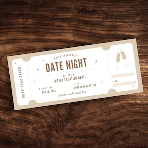May include: A beige ticket-style card with the text "We're enjoying a Date Night" in brown text. The card has a date and time, "Aug 15, 20XX", and a place to fill in the location and attire. The card has a graphic of two champagne glasses.