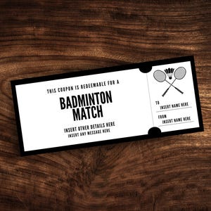Editable Badminton Match Coupon, Custom Round of Badminton Game Ticket Template, Digital Badminton Gift Certificate PDF