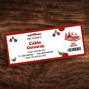 Modello di coupon modificabile per una vacanza in baita, buono regalo di Natale personalizzato per una baita accogliente, biglietto stampabile per un viaggio di fine settimana in baita nel bosco in formato PDF