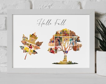 May include: A framed print with the words "Hello Fall" in cursive. The artwork features a maple leaf and a tree, each composed of multiple photos. The frame is white, and the background is a light color.