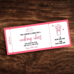 Printable Cooking Class Coupon Template, Editable Cooking Class Ticket Template, Custom Cooking Lessons Mother&#39;s Day Gift Certificate PDF