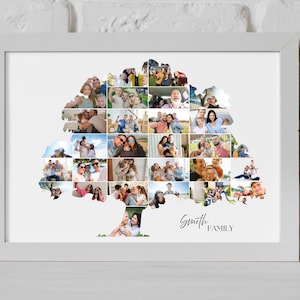 May include: A framed family photo collage shaped like a tree. The collage is composed of many family photos, forming the tree's foliage. The words "Smith Family" are written in cursive below the tree.