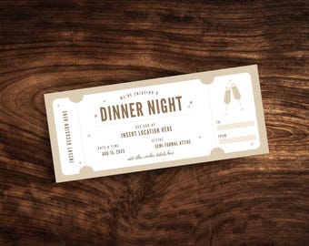 May include: A beige ticket-style invitation with the text "We're enjoying a Dinner Night" in brown text. The date and time are listed as "Aug 15, 20XX" and the attire is "Semi-formal attire". There are two champagne glasses with a toast in the upper right corner.