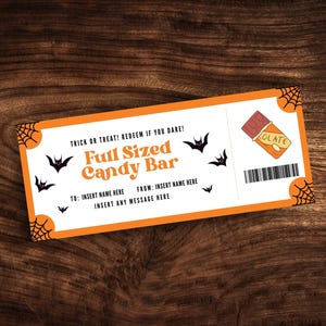 Bearbeitbarer Candy Bar Coupon in voller Größe, Benutzerdefinierte Süßes oder Saures Ticketvorlage, druckbarer King Size Candy Bar Geschenkgutschein PDF